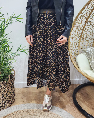 Jupe femme mi longue leopard noire et marron Maisane 24291