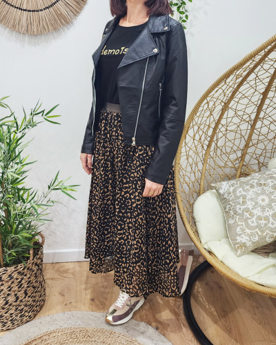 Jupe femme mi longue leopard noire et marron Maisane 24291