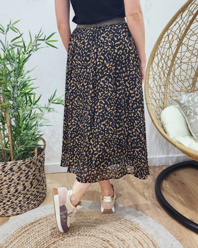 Jupe femme mi longue leopard noire et marron Maisane 24291