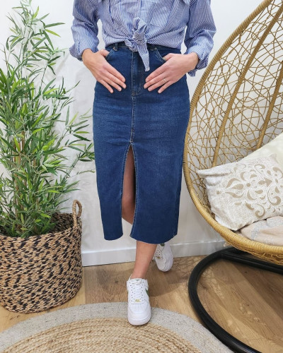 Jupe midi en jean femme bleu foncé