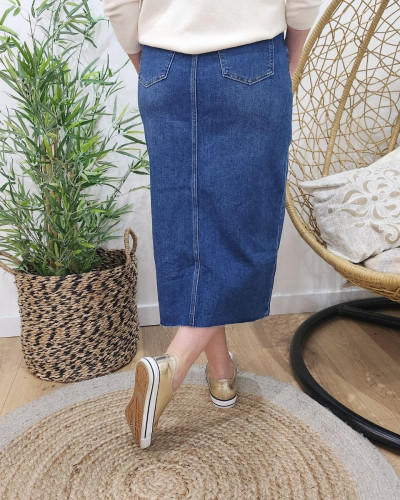 Jupe midi en jean femme coupe confort bleu foncé