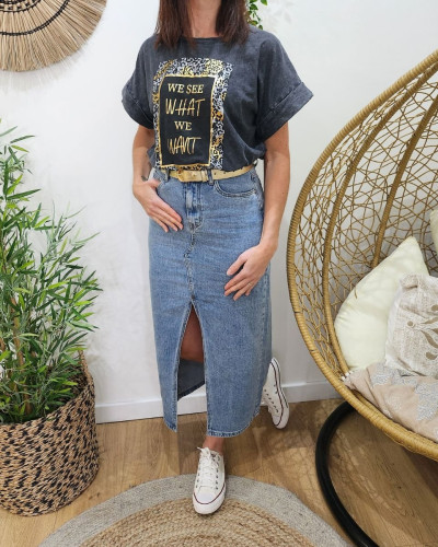 Jupe midi en jean femme bleu clair délavé