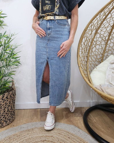 Jupe midi en jean femme bleu clair délavé