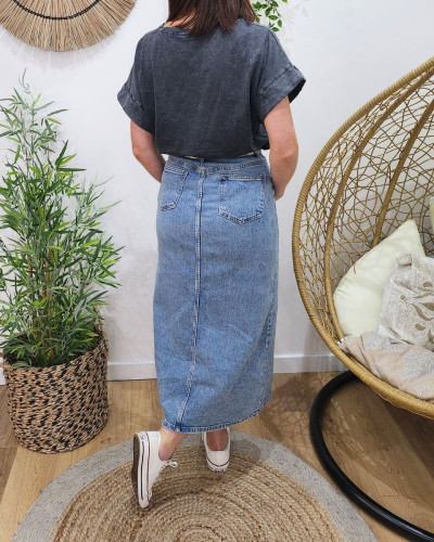 Jupe midi en jean femme bleu clair délavé