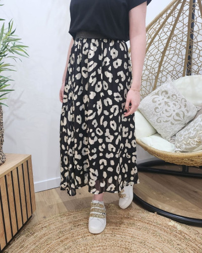 Jupe femme mi-longue noire taches beige liseré doré