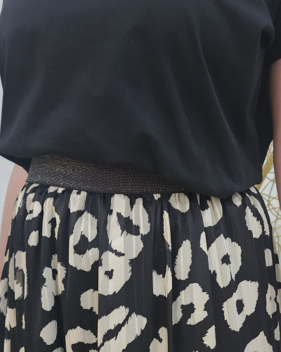 Jupe femme mi-longue noire taches beige liseré doré