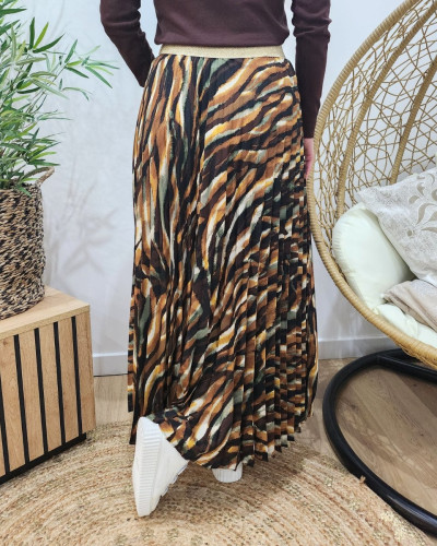 Jupe plissée femme à motifs et liseré cuivré Oxane
