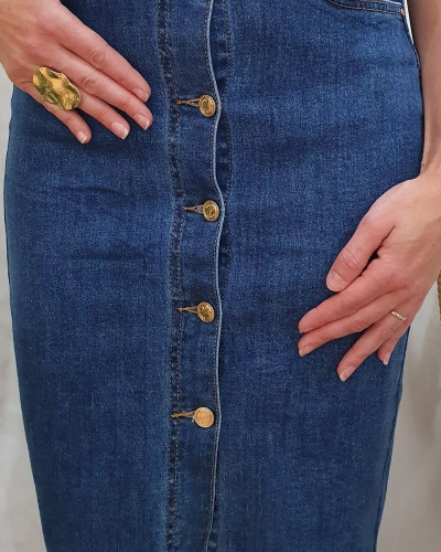 Jupe en jean femme coupe midi bleu foncé boutonnée