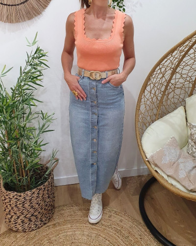 Jupe longue en jean femme bleu clair boutonnée