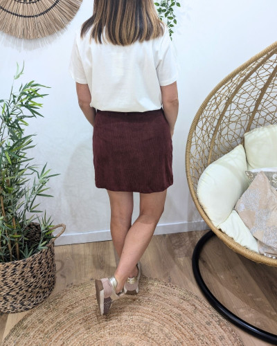 Jupe courte femme velours cotelé rouge bordeaux boutons dorés