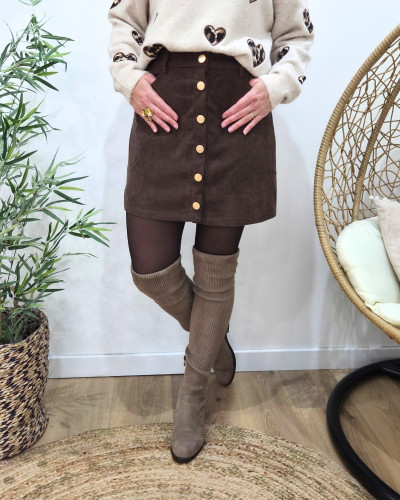 Jupe courte femme velours cotelé marron boutons dorés