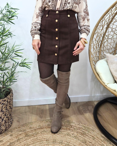 Jupe courte femme suédine marron boutons dorés