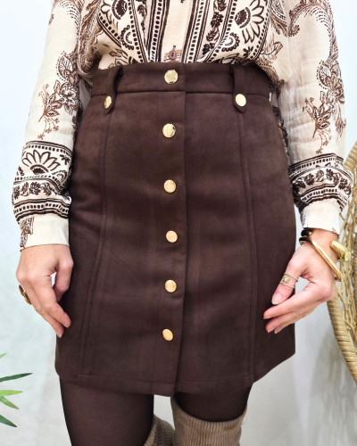 Jupe courte femme suédine marron boutons dorés