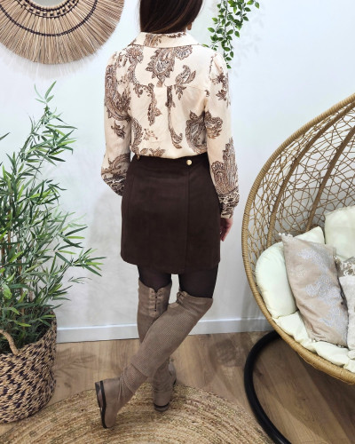 Jupe courte femme suédine marron boutons dorés