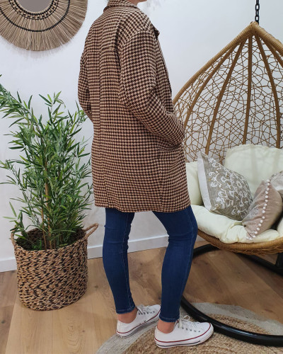 Manteau oversize pied de poule beige et marron