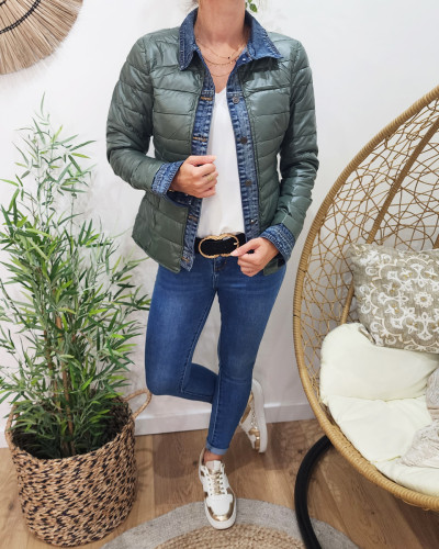 Doudoune femme kaki metallisé rebords jeans