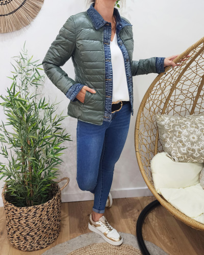 Doudoune femme kaki metallisé rebords jeans