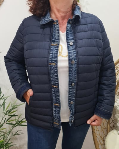 Doudoune femme grande taille bleu marine rebords jeans 23497