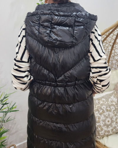 Doudoune sans manches longue femme noire à capuche