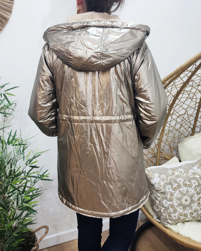 Parka femme réversible dorée fausse fourrure beige