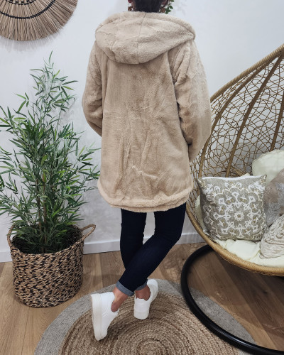 Parka femme réversible dorée fausse fourrure beige