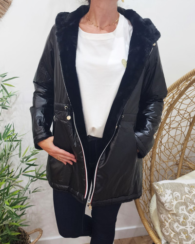 Parka femme réversible noire fausse fourrure noire