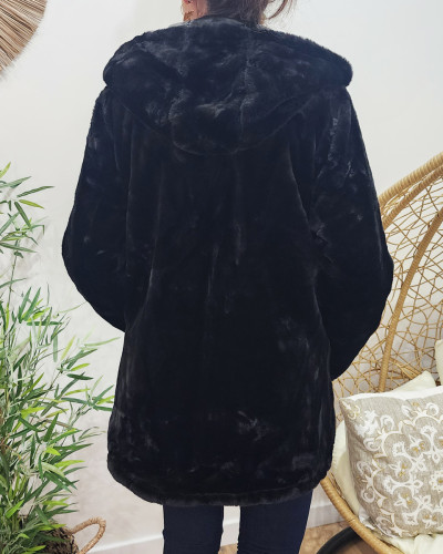 Parka femme réversible noire fausse fourrure noire