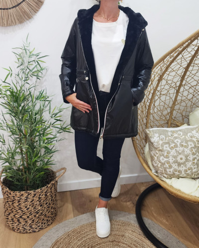 Parka femme réversible noire fausse fourrure noire