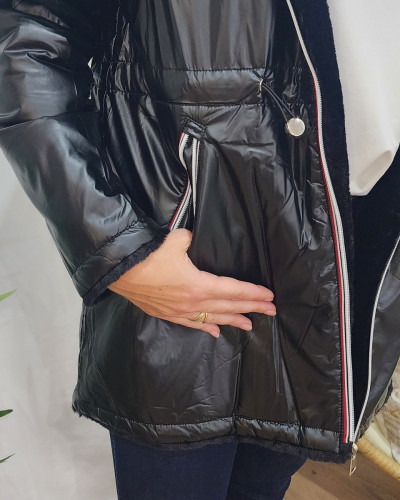 Parka femme réversible noire fausse fourrure noire