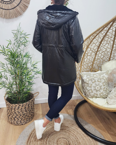 Parka femme réversible noire fausse fourrure noire