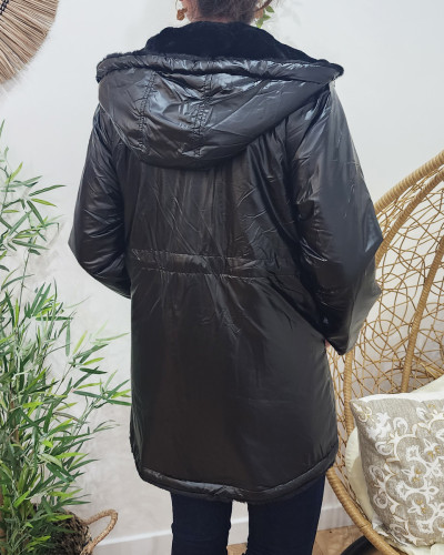Parka femme réversible noire fausse fourrure noire