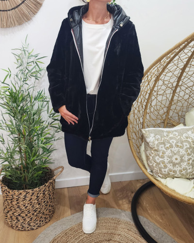 Parka femme réversible noire fausse fourrure noire