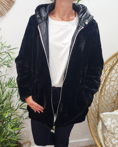 Parka femme réversible noire fausse fourrure noire