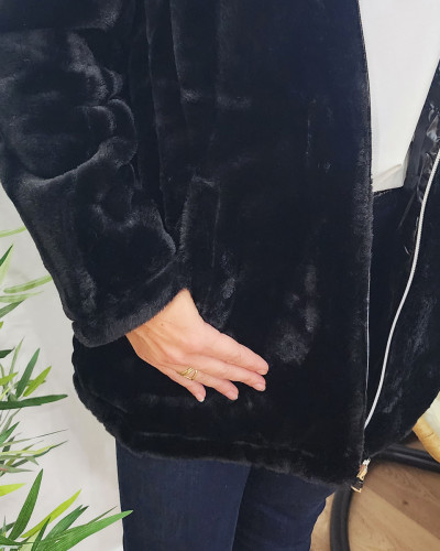 Parka femme réversible noire fausse fourrure noire