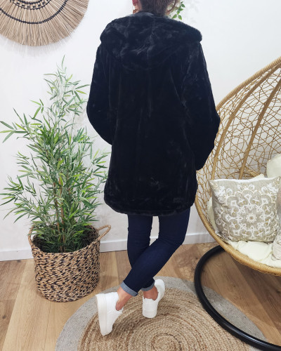 Parka femme réversible noire fausse fourrure noire