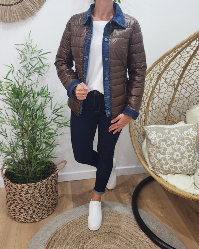 Doudoune femme marron métallisé rebords jeans