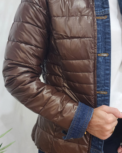 Doudoune femme marron metallise rebords jeans 23639