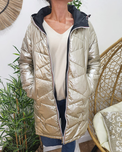 Parka doudoune femme longue épaisse réversible noire et dorée