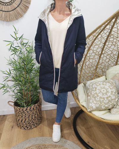 Parka doudoune femme longue épaisse réversible marine et dorée