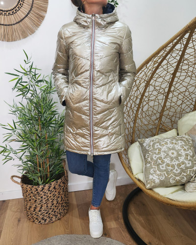 Parka doudoune femme longue épaisse réversible marine et dorée
