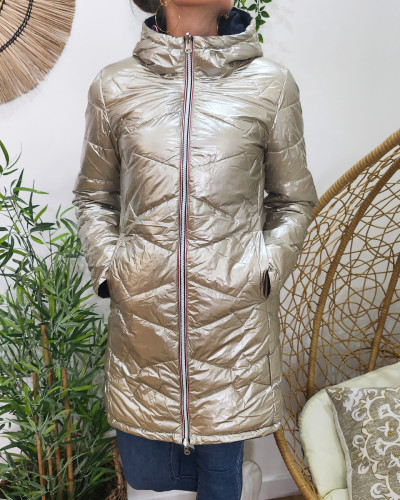 Parka doudoune femme longue épaisse réversible marine et dorée