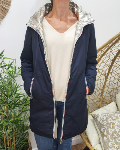 Parka doudoune femme longue épaisse réversible marine et dorée