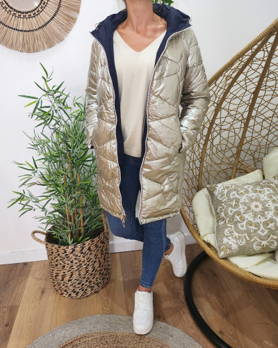 Parka doudoune femme longue épaisse réversible marine et dorée