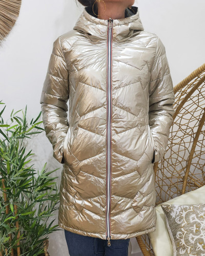 Parka doudoune femme longue épaisse réversible kaki et dorée