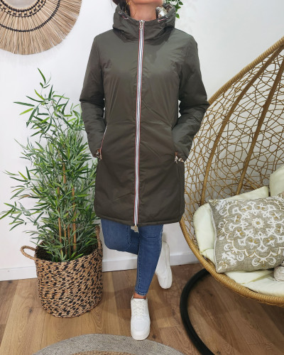 Parka doudoune femme longue épaisse réversible kaki et dorée