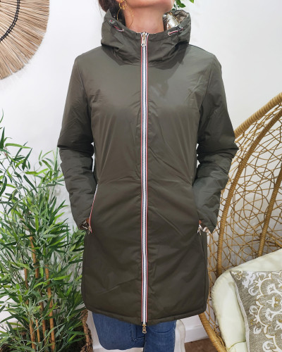 Parka doudoune femme longue épaisse réversible kaki et dorée