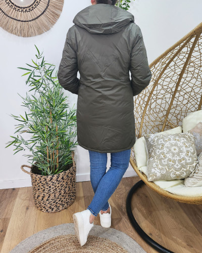 Parka doudoune femme longue épaisse réversible kaki et dorée