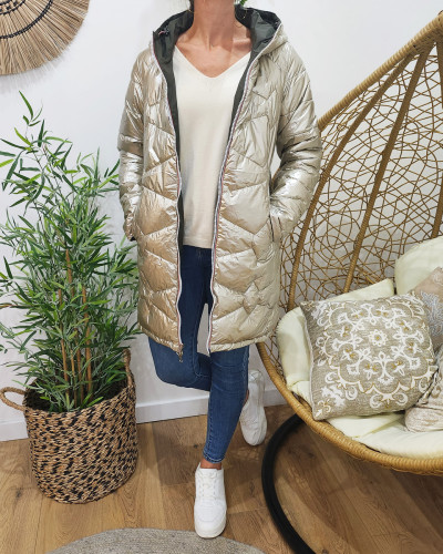 Parka doudoune femme longue epaisse reversible kaki et doree 23943