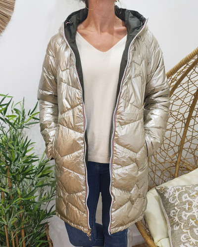 Parka doudoune femme longue épaisse réversible kaki et dorée