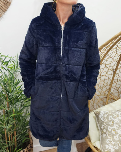Parka femme longue réversible fausse fourrure bleu marine